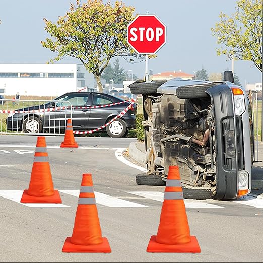 [3 Pack]18 Inch Collapsible Traffic Safety Cones - Parking Cones with Reflective Collars, Orange Safety Cones for Parking lot, Driveway, Driving Training etc
