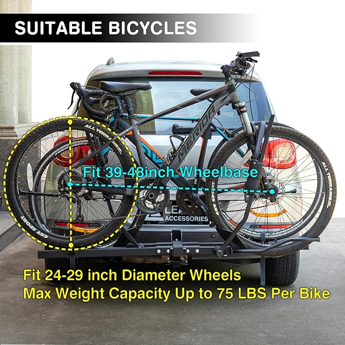 Leader Accessories 2" Hitch Bike Rack, Carry 2 Bikes up to 75 lbs Each for Standard, Fat Tire and Electric Bicycles - Heavy Duty, Foldable Ebike Rack for Car, Truck, RV and SUV with 2-inch Receiver