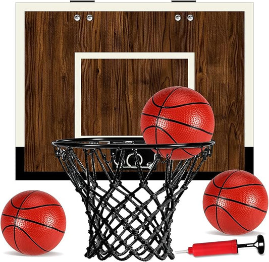 Indoor Mini Basketball Hoop Set – Over The Door with Wood Backboard & Iron Rim – Includes 2 Balls & Air Pump – Anti-Shock Padding – 16"x12"x3"