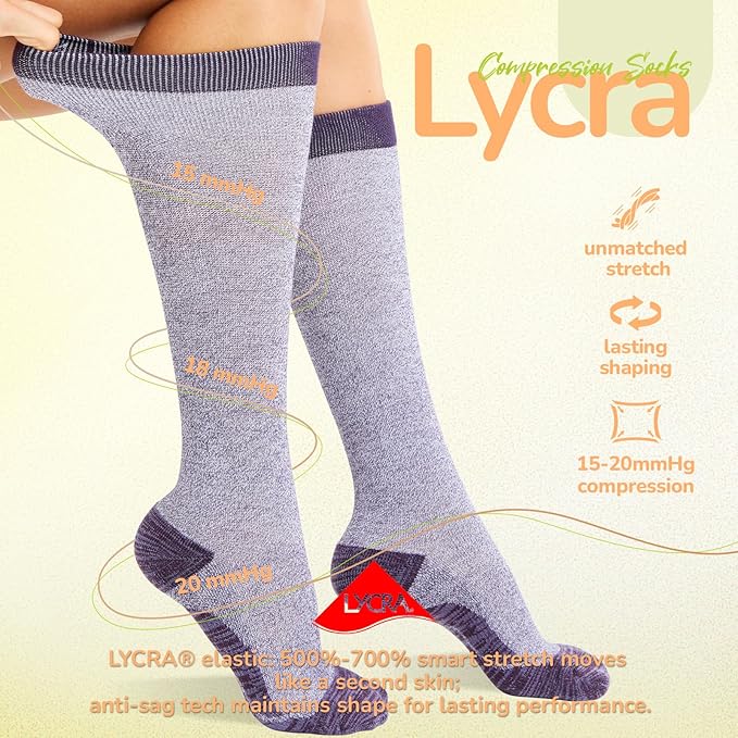 Merino Wool Compression Socks for Women Men, 15-20 mmHg, Soft & Breathable for Travel, Running, Pregnancy