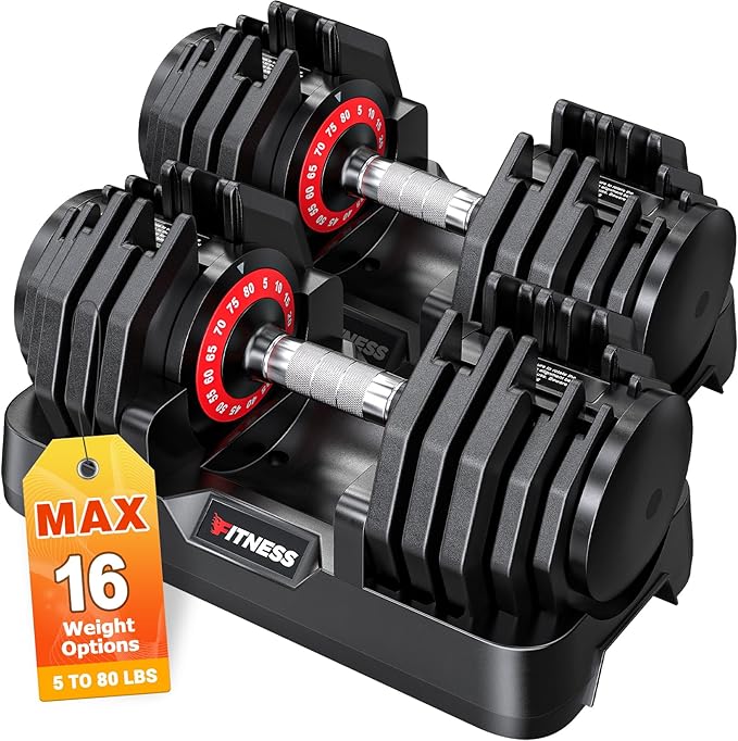 Adjustable Dumbbells Set of 2, 1 Hand Adjustable Weights Dumbbells Set, 5 in 1/10 in 1 Free Dumbbell with Anti-Slip Texture Handle, 25/55/80lb Pair Weight Set For Home Gym Suit both Men and Women