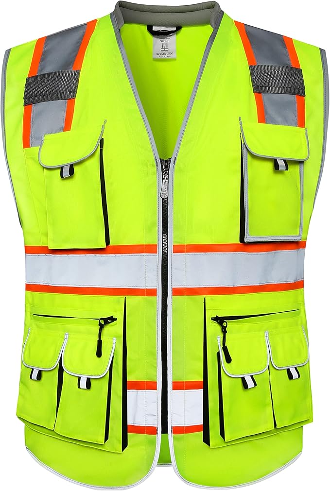 JKSafety 10 Pockets Class 2 Hi-Vis Zipper Front Yellow Safety Vest | Cushioned Collar | High Reflective Tapes with Extended Neon Orange Strips | Meets ANSI/ISEA Standards (X-Large, 89-Yellow)