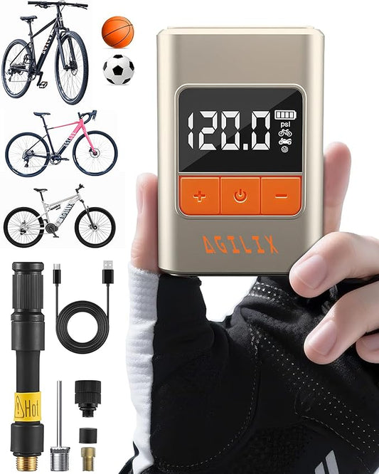 Mini Bike Tire Pump with Gauge 120PSI-Portable Air Compressor&Electric Tire Inflator for Bicycle/Motorcycle/Ball,Rechargeable Type-C,Auto Stop,Fits Pocket/Glove Box(Presta/Schrader Valves)