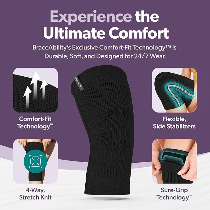 BraceAbility Knee Compression Sleeve - Knit Knee Pain Brace for Men and Women, Arthritis Relief, Meniscus Tear, Running, Workout, Sports, Swelling, Athletic Support for Joint Stability (XS/S Black)