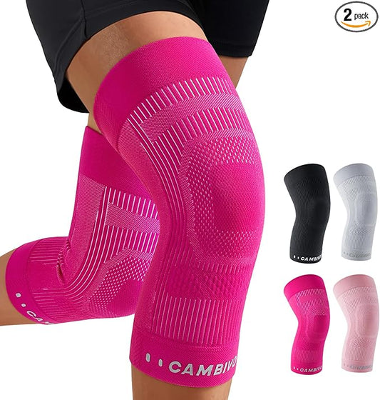 CAMBIVO Elite Motion Series Knee Brace for Women and Men (2 Pack), Ultra-Thin Lightweight Knee Compression Sleeve with Reflective Design for Pain Relief, Running, Workouts, Daily Use (Hot Pink, Large)