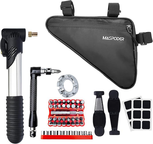 Bike Tool Kit, Repair Kit with 44 in 1 Multitool, Frame Bag, Mini Pump, Spoke Wrench, Tire Lever Patches Bicycle Accessories Set for Adult Bikes Road Mountain MTB