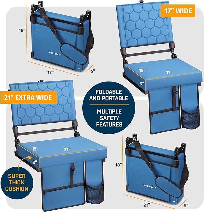 Folding Reclining Stadium Seats with Back Support for Bleachers, Bleacher Chairs with Back and Cushion Seating for Football, Camping Chair, Kayak Seat, Canoe, Paddle Board, Concerts, & Sports Events