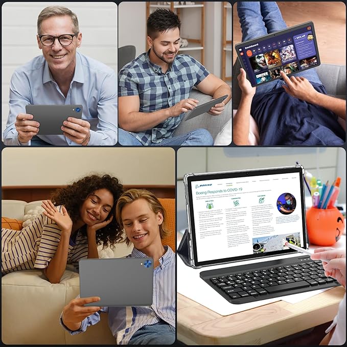 Android 15 Tablet with Keyboard, 26GB+256GB(2TB Expand), 10.1 Inch Tablet 8000 mAh Battery, BT 5.0, 5G WiFi, Widevine L1, Dual Camera, 2 in 1 Tab with Mouse, Case, Stylus（Silver Case）