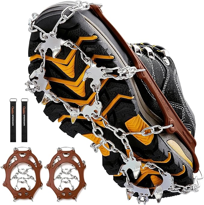 Crampons Ice Cleats Traction Snow Grips for Boots Shoes Women Men Anti Slip 19 Stainless Steel Spikes Safe Protect for Hiking Fishing Walking Climbing Mountaineering