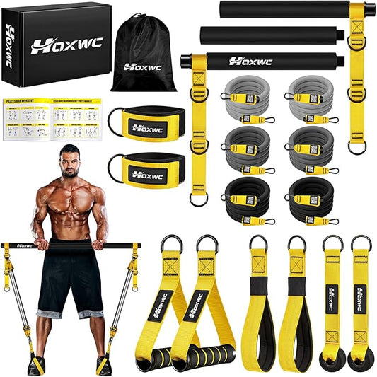 Pilates Equipment, Portable Pilates Bar Kit with Resistance Bands, Professional Adjustable Heavy Duty Squat Workout Equipment for Men, Home Gym Muscle Strength Training, Full Body Exercise