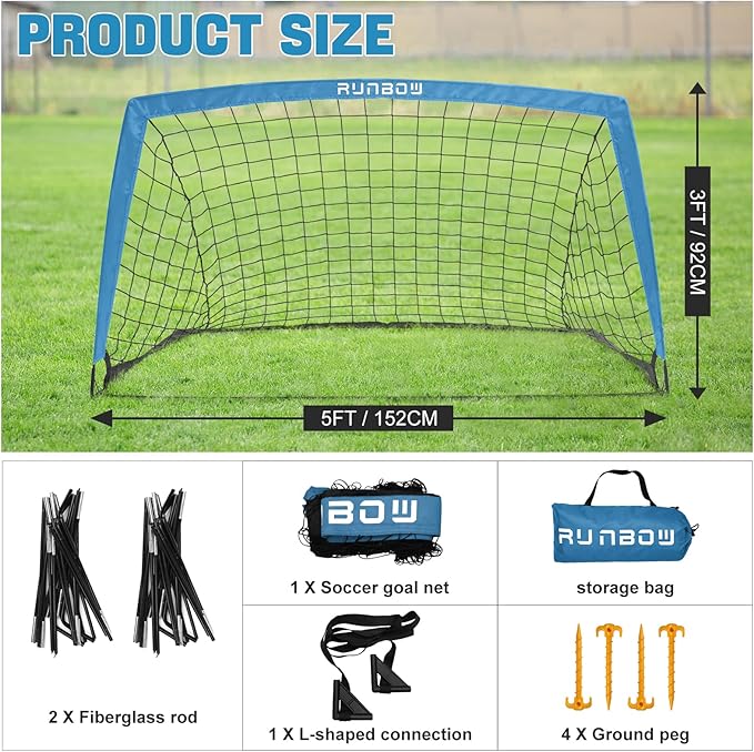 RUNBOW 5x3 ft Portable Kids Soccer Goal for Backyard Practice Soccer Net with Carry Bag