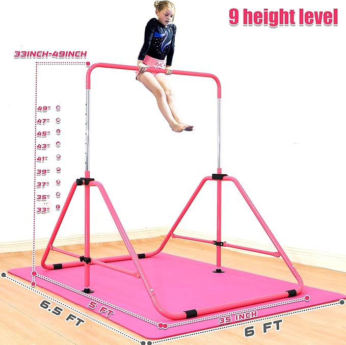 MARFULA Foldable Gymnastic Bar for Kids Ages 3-9, 9 Height Levels, 200 lbs Weight Capacity, 5 Ft Length Gymnastic Kip Bar with Mat, Gymnastic Equipment for Home and Gym Center Indoor Outdoor Use