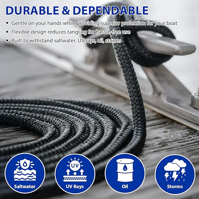 Boat Dock Lines Marine Rope - 3/8" x 15ft with Pre-Spliced 12" Loop Double Braided Nylon Ropes Bumper Tie Mooring Line for Boats Docking Pontoon Boating Accessories - 4 Pack