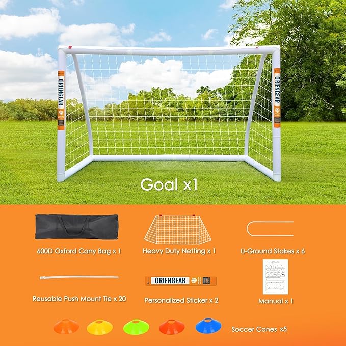 ORIENGEAR Soccer Goal, 12x6/10x6.5/8x6/6x4 Full Size Soccer Goals for Backyard, Soccer Net with Training Discs, Portable Soccer Goal for Kids and Adults with 1 Carry Bag, Porterias De Futbol
