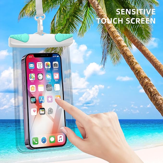 IPX8 Waterproof Phone Pouch for 16/15/14/13/12 Pro Max & Galaxy S24/S23 Samsung's Waterproof Phone case with Lanyard,Cellphone Dry Bag Beach Essentials-2 Bag 7.5 inches (White Green)