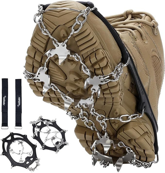 Crampons 19 Spikes with Stainless Steel Chain Ice Snow Grips Traction Cleats System Safe Protect for Walking, Jogging, Climbing, Hiking on Snow and Ice, Boots Chains for Women Men