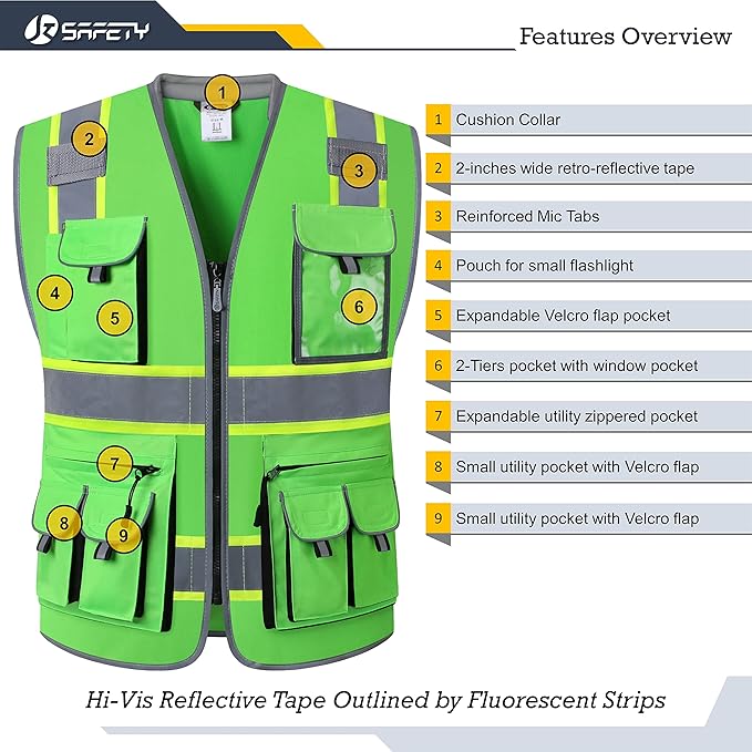 JKSafety 10 Pockets Hi-Vis Zipper Front Fluorescent Green Safety Vest | Cushioned Collar | High Reflective Tapes with Extended Neon Yellow Strips | Meets ANSI/ISEA Standards (Large, 89-Green)