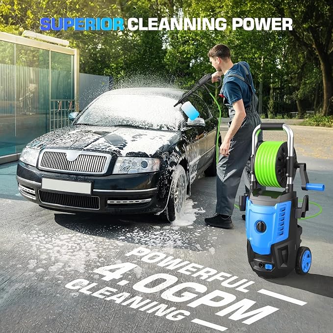4800 PSI Pressure Cleaner- 4.0 GPM High Power Cleaner with 33FT Hose Reel, 4 Spray Tips and Soap Bottle for Car Washing, Fence Cleaning, Patio Maintenance（Upgraded）(Light Blue)