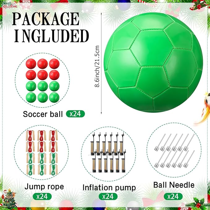 24 Sets Operation Christmas Deflated Size 5 Soccer Ball Bulk with Pump Jump Rope, Outside Soccer Sport Ball 7.25 ft Adjustable Skipping Rope