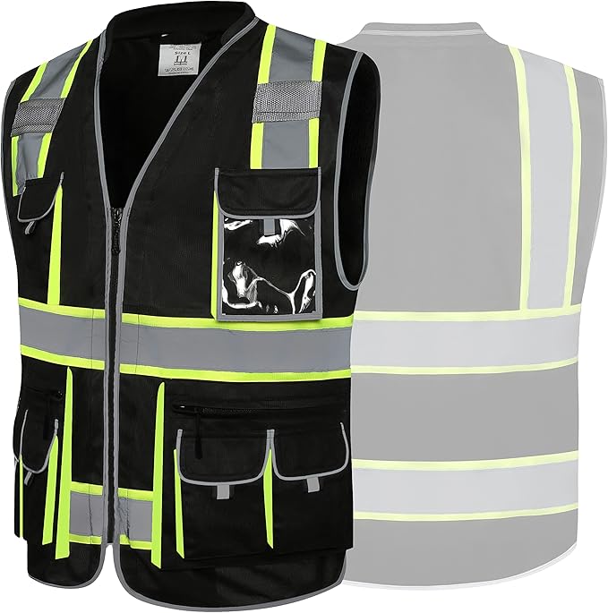 JKSafety 10 Pockets Hi-Vis Zipper Front Black Safety Vest | Cushioned Collar | High Reflective Tapes with Extended Neon Yellow Strips | Meets ANSI/ISEA Standards (3X-Large, 89-Black)