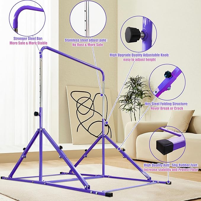 MARFULA Foldable Gymnastic Bar for Kids Ages 3-12, 9 Height Levels, 200 lbs Weight Capacity, 5 Ft Length Gymnastic Kip Bar with Mat, Gymnastic Equipment for Home and Gym Center Indoor Outdoor Use