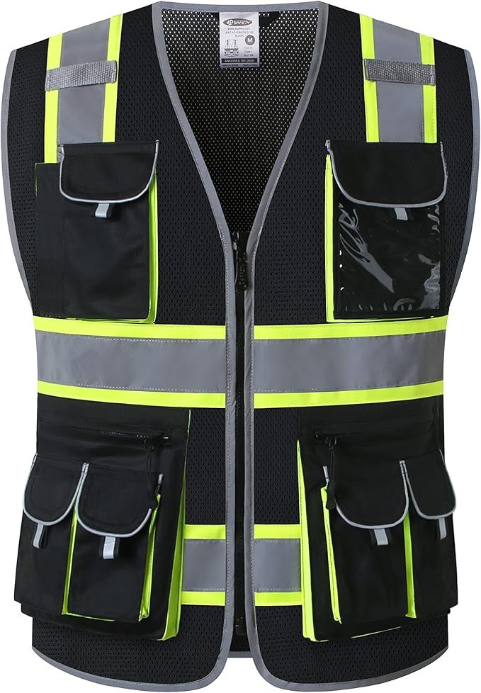 JKSafety 10 Pockets Hi-Vis Neon Color Frontal Zipper Mesh Safety Vest for Men Women Safety Utility for works Comply to ANSI/ISEA Standards (86-Black L)