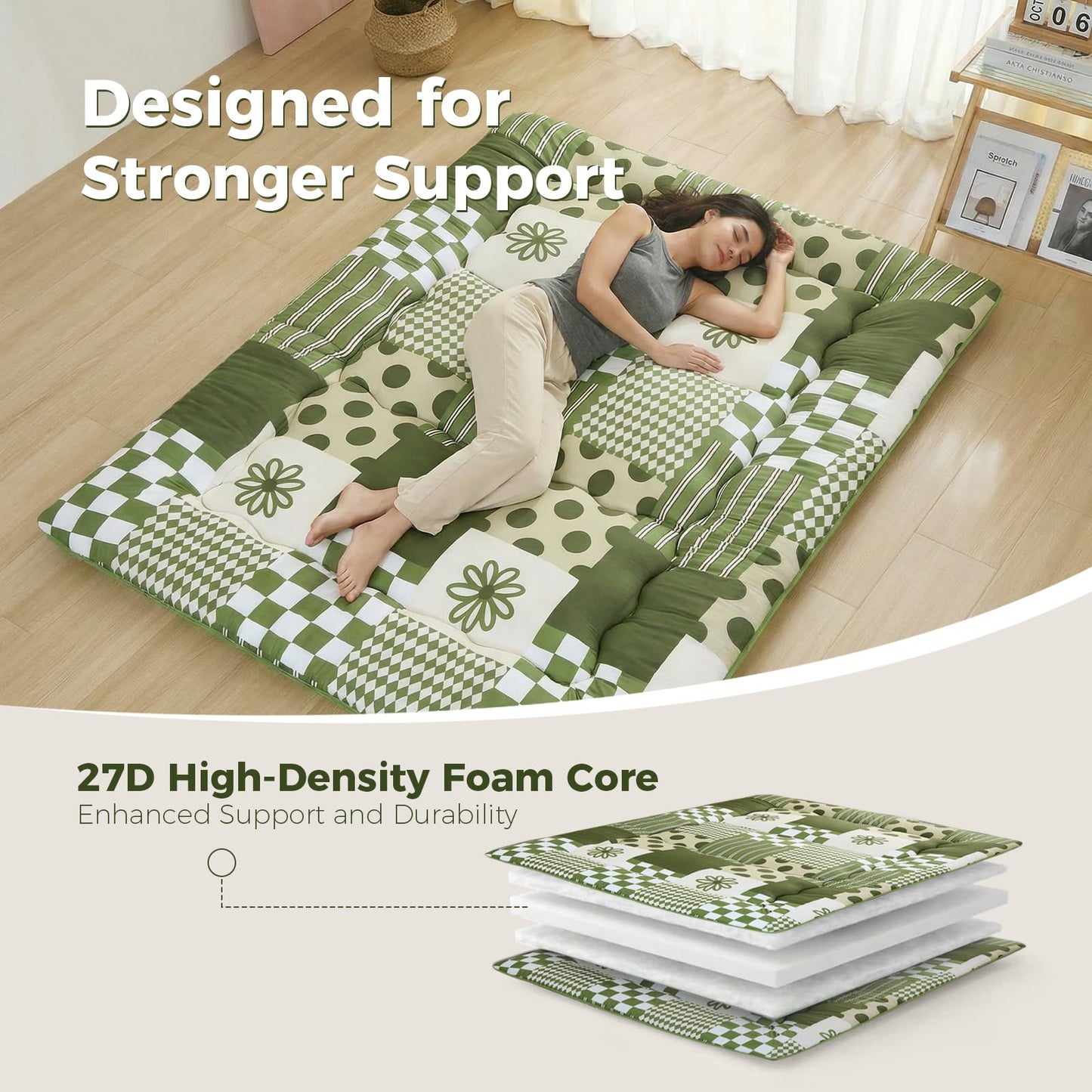 XICIKIN 2.5" Japanese Floor Mattress, Foldable Floor Mattress with Washable Cover Japanese Futon for Camping, Guest (Green Checkerboard, Full)