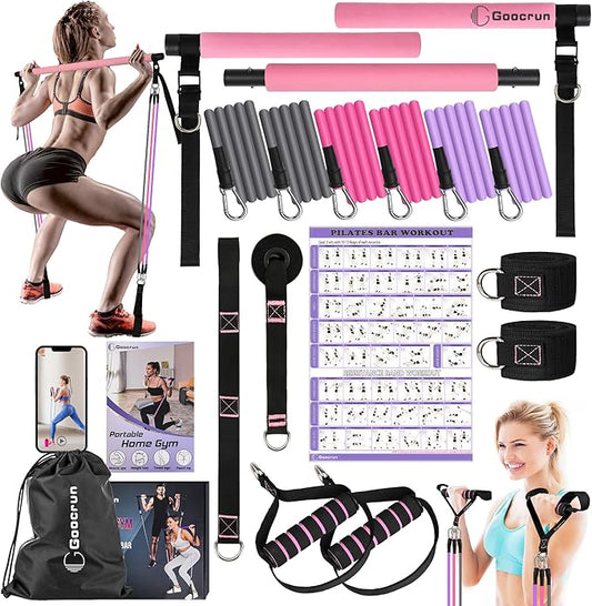 Portable Pilates Bar Kit with Resistance Bands for Men and Women - 3 Set Exercise Resistance Bands - Multifunctional Home Gym - Supports Full-Body Workouts – with Fitness Poster and Video