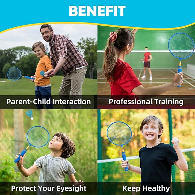 JOY SPOT! Kids Badminton Rackets Set with Soft Grip, Oversize & Lightweight Shuttlecocks Racquet with Carry Bag for Children Youth, 2 Player Sport Game for Indoor Outdoor Backyard