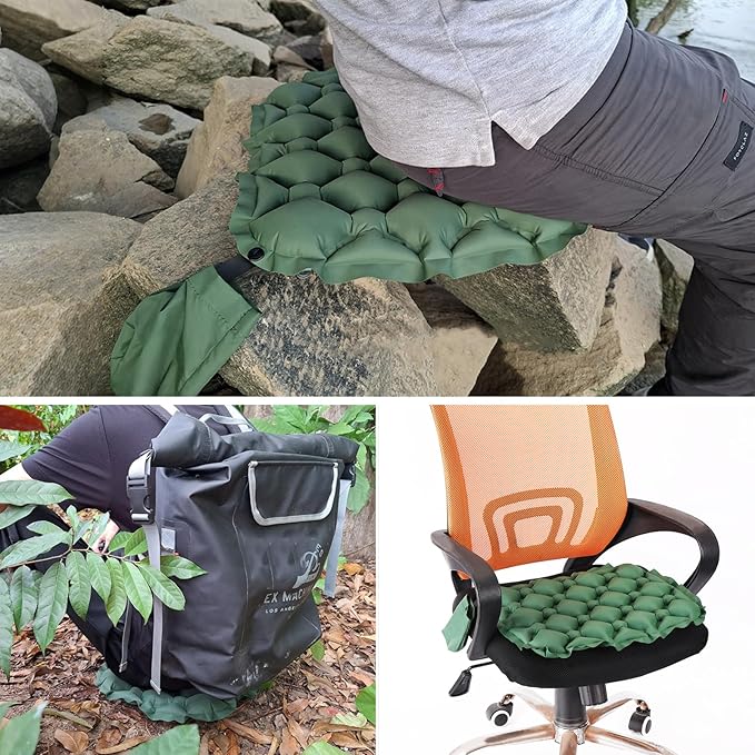 TRIWONDER Ultralight Inflatable Seat Cushion Seat Pad, Easy to Inflate & Deflate Compact Air Pad with Storage Bag for Camping Hiking Fishing Office Airplane Stadium Car (Green)