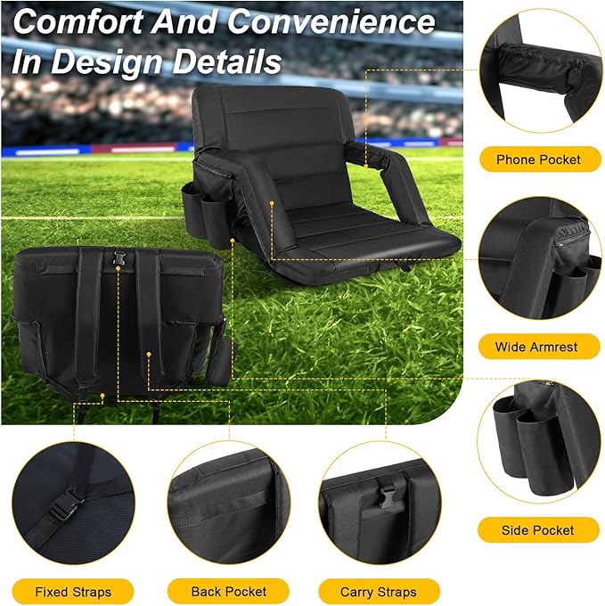 Extra Wide Stadium Seats with Back Support, Exclusive Bleacher Chairs with Back and Cushion Folding Stadium Chairs, 6 Reclining Positions Waterproof Bleacher Seats (Extra Wide|25" Black)