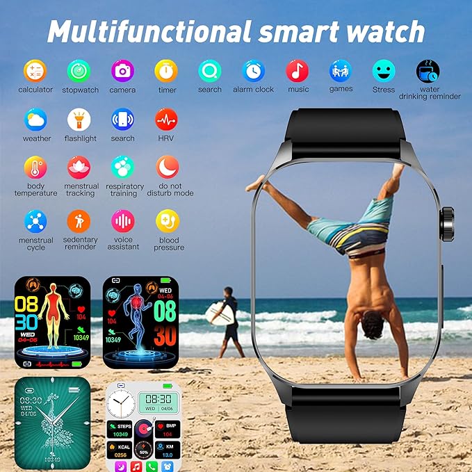 Smart Watch for Men Women, 2.04" AMOLED Color Screen, 24/7 Heart Rate, Blood Oxygen, Blood Pressure, Sleep and Stress Health Monitor, Blood and Body Composition Insights, 150 Sports Modes (Blue)