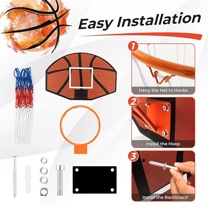 Goplus Wall Mount Basketball Hoop, 26" x 17.5" Indoor Outdoor Basketball Games w/Large Shatter-Proof Backboard, Anti-Tear Net, Door Wall Mounted Basketball Playset for Backyard Family Kids Adults