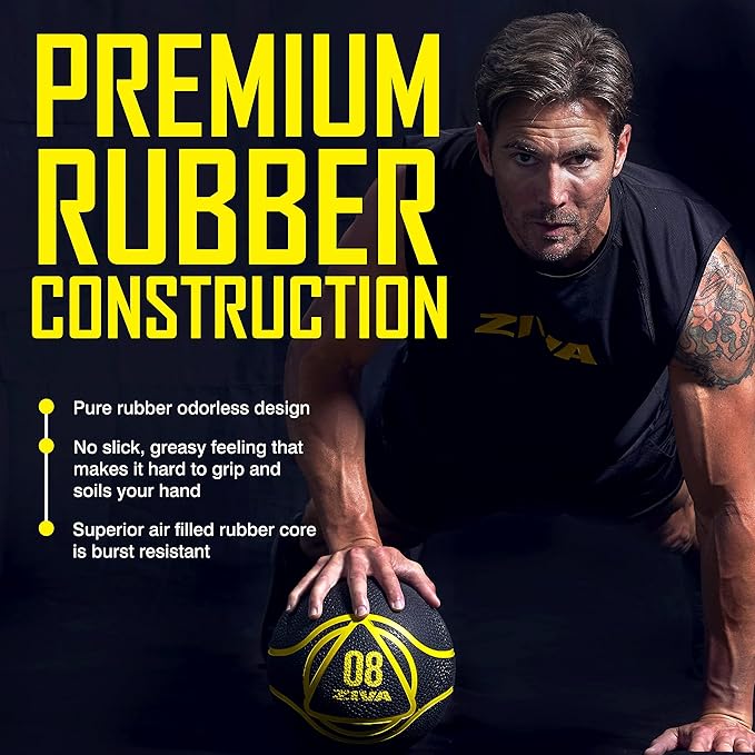 ZIVA Medicine Ball – Durable Rubber Weighted Ball with Easy-Grip Textured Shell for Core, Balance and Strength Training – Commercial Quality (Black, 4–12 lb)