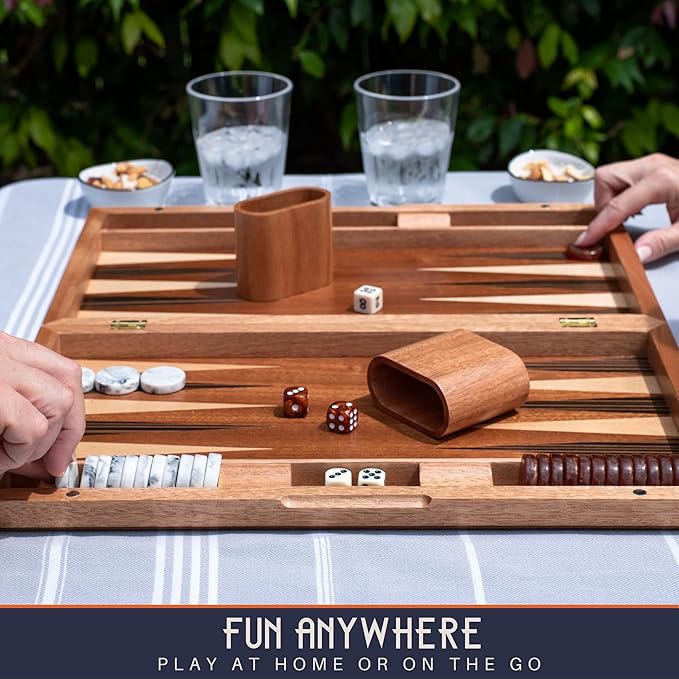 17 Inch Backgammon Sets for Adults. Beautiful Wood Inlaid Backgammon Board Game Set with Unique Checkers & Dice. Large Back Gammon Game Sets Travel Size for 2 Players Nardi or Tavla