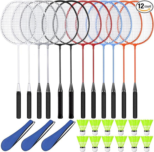12 Pack Badminton Rackets Set Including Rackets, Nylon Shuttlecocks and Carry Bag for Outdoor Backyard Games Beginners