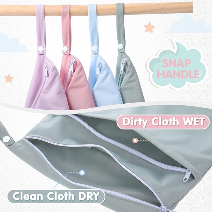SATINIOR 4 Pack Wet Dry Bags for Baby Cloth Diapers Washable Travel Swimsuit Wet Bags Reusable with Two Zippered Pockets for Yoga Gym Swimsuits Travel Beach Pool Soiled Items(Morandi Color)