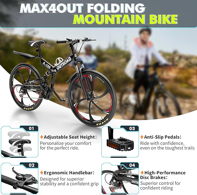 26 inch Folding Mountain Bike, Carbon Steel Frame and 21 Speed, Double Disc Brake and Dual Suspension Folding Bike for Adults/Men/Women, Easy Assembly Bicycle(Black/Green/Orange)