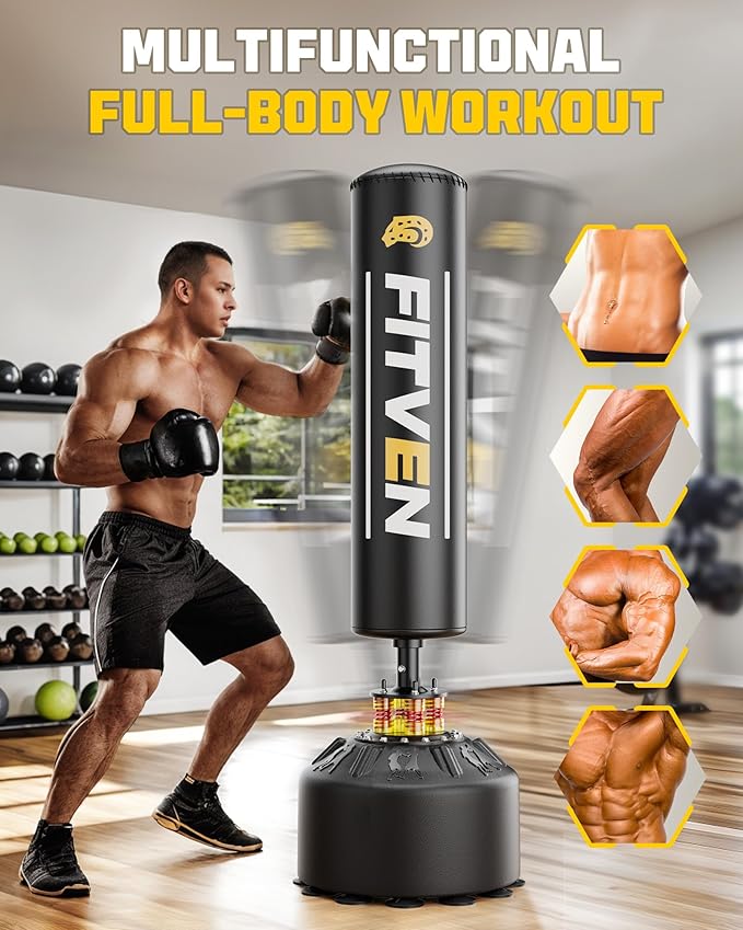 FITVEN Freestanding Punching Bag with Boxing Gloves Heavy Boxing Bag with Suction Cup Base - Men Stand Kickboxing Bag