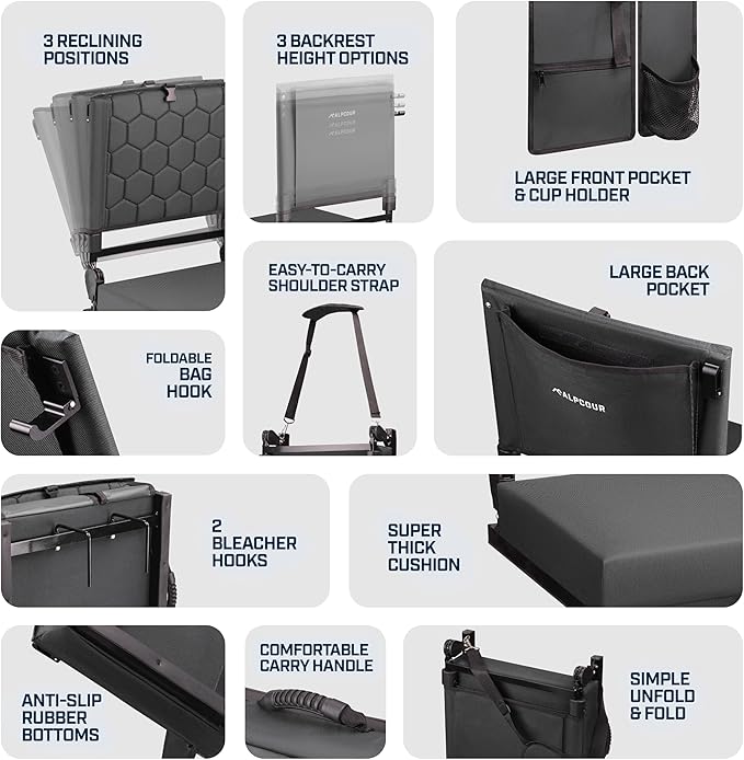 Folding Reclining Stadium Seats with Back Support for Bleachers, Bleacher Chairs with Back and Cushion Seating for Football, Camping Chair, Kayak Seat, Canoe, Paddle Board, Concerts, & Sports Events