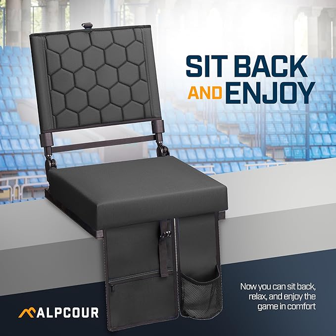Folding Reclining Stadium Seats with Back Support for Bleachers, Bleacher Chairs with Back and Cushion Seating for Football, Camping Chair, Kayak Seat, Canoe, Paddle Board, Concerts, & Sports Events
