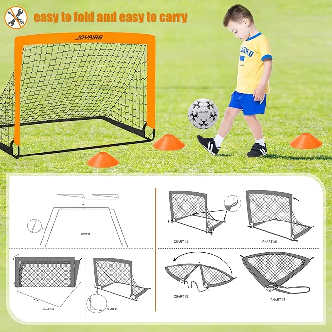 Kids Soccer Goals for Backyard Set, Portable Toddler Soccer Goal 2 of 4x3 ft, 6x4 ft, 7x5 ft, Soccer Training Equipment, Pop Up Soccer Net Kit with Size 4 Soccer Ball, Youth Games, Outdoor Sports Play