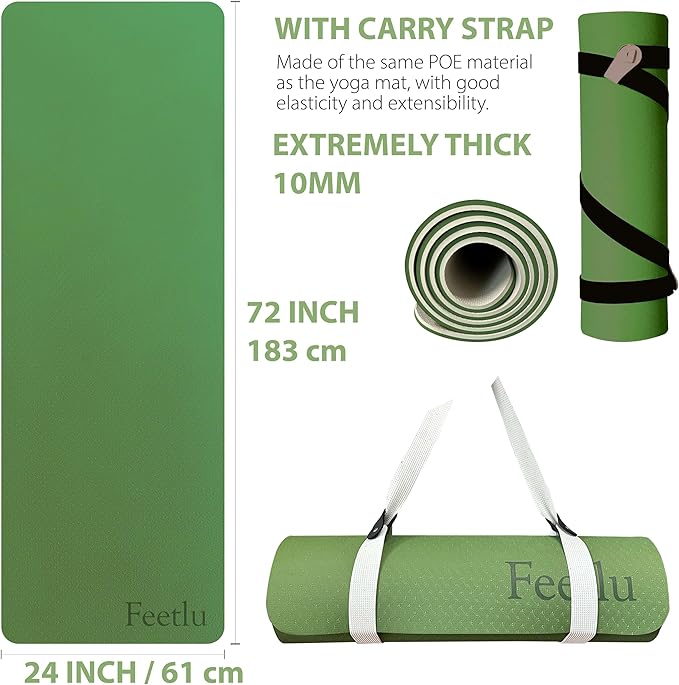 Extra Thick Exercise Yoga Mat with Strap - 2/5 Inch (10MM), Non-Slip Workout Mat for Yoga, Pilates, and Floor Exercises
