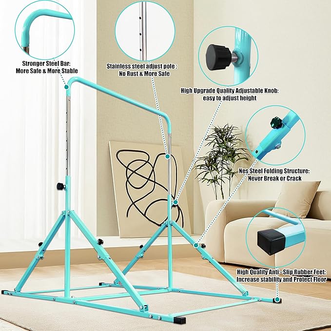 MARFULA Foldable Gymnastic Bar for Kids Ages 3-12, 9 Height Levels, 200 lbs Weight Capacity, 5 Ft Length Gymnastic Kip Bar with Mat, Gymnastic Equipment for Home and Gym Center Indoor Outdoor Use