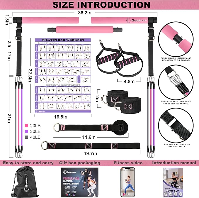 Portable Pilates Bar Kit with Resistance Bands for Men and Women - 3 Set Exercise Resistance Bands - Multifunctional Home Gym - Supports Full-Body Workouts – with Fitness Poster and Video