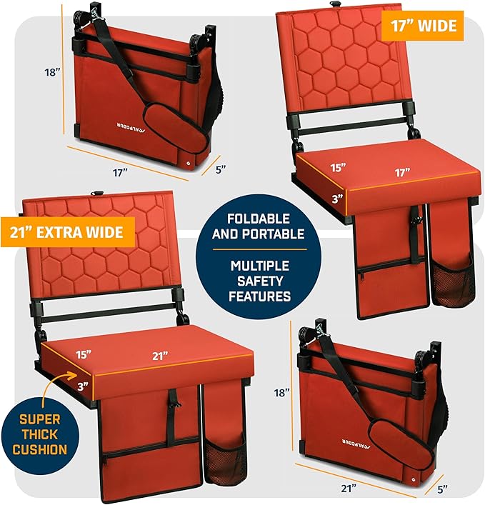 Extra Wide Folding Reclining Stadium Seat with Back Suppot for Bleachers, Bleacher Hooks, Thick Cushion, Cup Holder, Storage Pockets – Portable Chair for Kayak, Canoe, Paddle Board, Concerts, & Sports