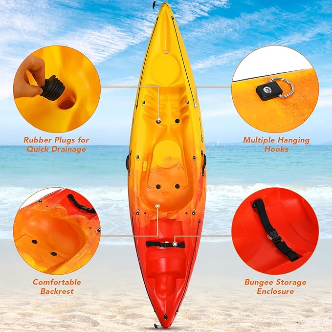 10.2FT Sit-On-Top Fishing Kayak, Portable Surfing Kayak Raft with Aluminum Paddle & Bungee Storage, 1-Person Recreational Kayak Boat for River, Lake & Sea