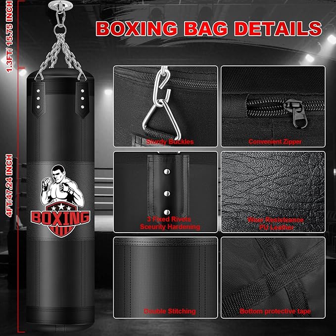 Punching Bag for Adults, 4FT PU Heavy Boxing Bags with Chain Ceiling Hook, Hanging Boxing Bag for Kickboxing Muay Thai Karate Judo Taekwondo Home Gym Training, Unfilled