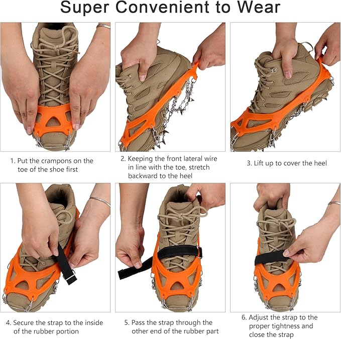 Crampons 19 Spikes with Stainless Steel Chain Ice Snow Grips Traction Cleats System Safe Protect for Walking, Jogging, Climbing, Hiking on Snow and Ice, Boots Chains for Women Men