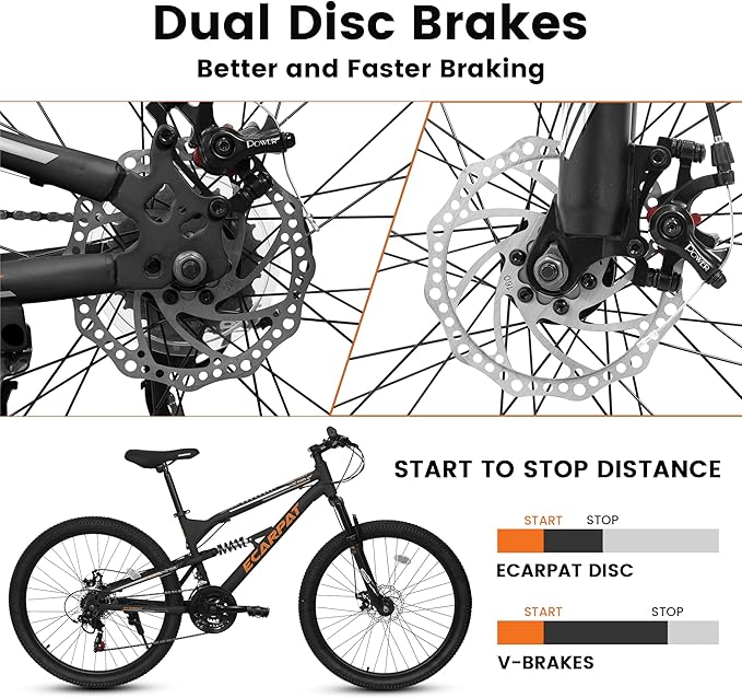 24/26/27.5 Inch Mountain Bike, Dual Full Suspension 21 Speed Womens Mens Mountain Bikes, Commuter Bike with Carbon Steel Frame and Dual Disc Brakes